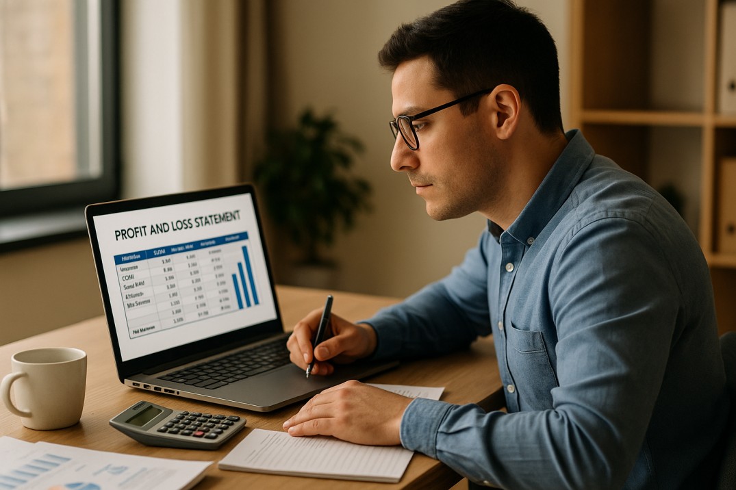 Advisor reviewing profit and loss dashboards.