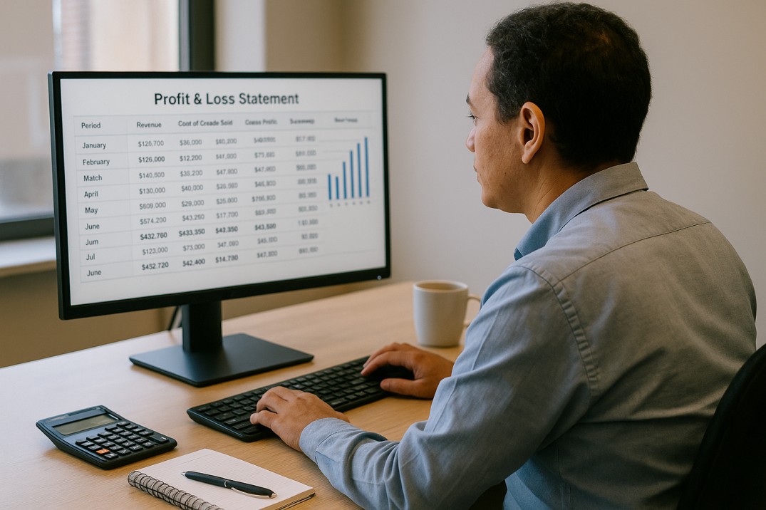 Finance professional presenting a profit and loss dashboard.